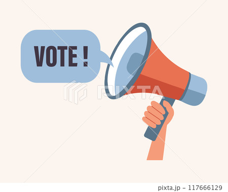 Megaphone, loudspeaker in hand. Voting and elections campaign concept. Flat style illustration Megaphone, loudspeaker in hand. Voting and elections campaign concept. Flat style illustration 117666129
