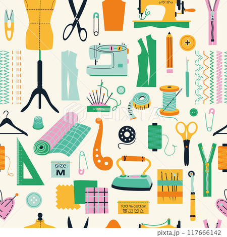 Seamless pattern of sewing tools icons tailor hand made workshop 117666142