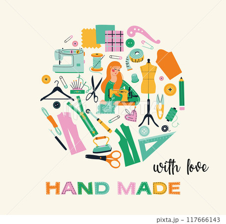 sewing tools icons tailor girl hand made workshop 117666143