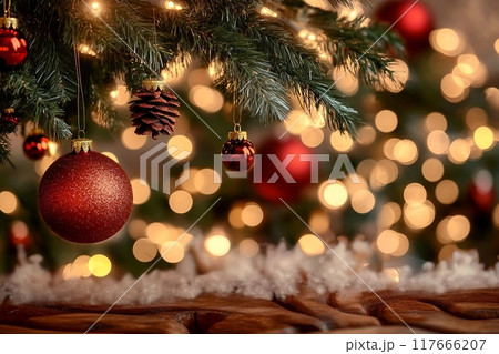 Christmas decoration at home. Xmas and New Year celebration for party on holiday. 117666207