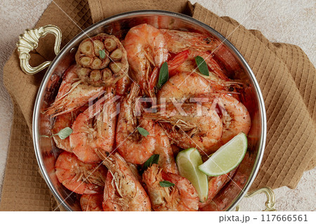 fried tiger prawns, with spices, homemade, top view, 117666561