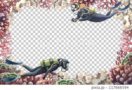 Coral frame with divers. The underwater world. A hand-drawn watercolor illustration. Aquarium, tropics, reefs. The concept of a label, business card and banner, postcard and flyer, brochure template. Coral frame with divers. The underwater world. A hand-drawn watercolor illustration. Aquarium, tropics, reefs. The concept of a label, business card and banner, postcard and flyer, brochure template. 117666594