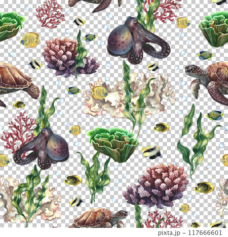 Seamless drawing depicting underwater life, corals, fish, turtles and octopuses. A hand-drawn watercolor illustration. Underwater travel. For textiles, wrapping paper, wallpaper and printing. Seamless drawing depicting underwater life, corals, fish, turtles and octopuses. A hand-drawn watercolor illustration. Underwater travel. For textiles, wrapping paper, wallpaper and printing. 117666601