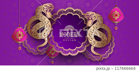 Happy Chinese New Year, purple card with snakes and round frame 117666668