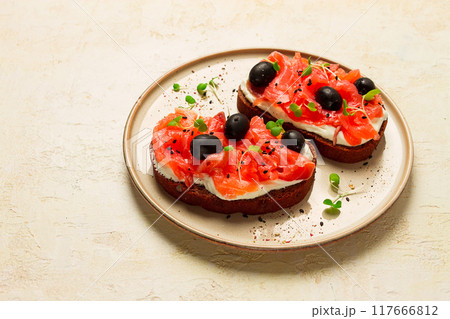 sandwiches with red fish, cream cheese, olives and microgreens, breakfast, sandwiches with red fish, cream cheese, olives and microgreens, breakfast, 117666812