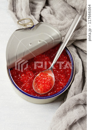 Tin can, with red caviar and a spoon, imitation, top view, right above, no people 117666864