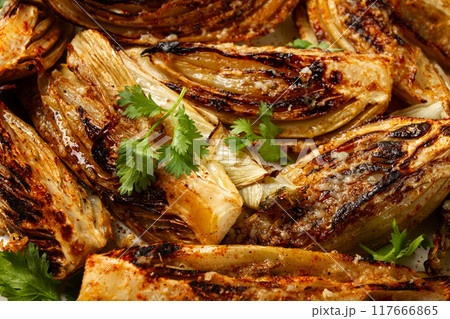 baked, oven-baked fennel, with spices, in olive oil, homemade, no people, 117666865