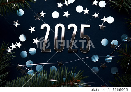 New Year 2025 blue background. Number of the coming year in Christmas decoration. 117666966