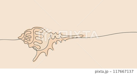 Sea shell in continuous line art drawing style. Hand drawn vector illustration. Minimalist black linear sketch isolated on light background. Sea shell in continuous line art drawing style. Hand drawn vector illustration. Minimalist black linear sketch isolated on light background. 117667137