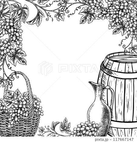 A frame with wine. Vines and bunches of grapes in a basket, a barrel and a jug of wine. Vector graphics, black and white hand-drawn illustration on a white background. For packaging, labels, posters. 117667147