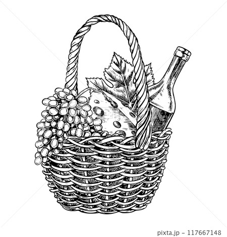 A wicker picnic basket, a bottle of wine, cheese and grapes. A graphic vector illustration drawn by hand. A holiday in nature. Isolate on a white background. For packages and labels., banners, posters 117667148