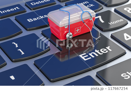 First aid kit with stethoscope on laptop keyboard, 3D rendering First aid kit with stethoscope on laptop keyboard, 3D rendering 117667254