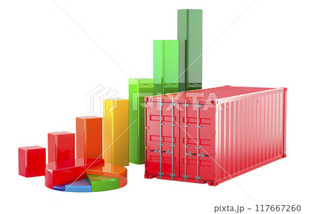 Cargo Container with growth bar graph and pie chart. 3D rendering 117667260
