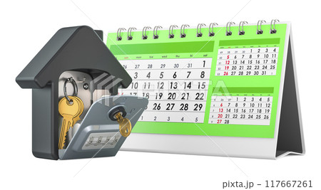Desk calendar with security lock box for storage and transfer of keys. 3D rendering 117667261