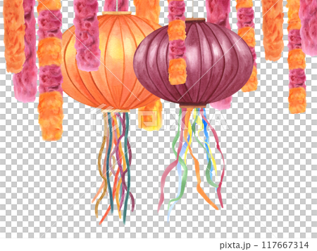 Orange and red paper Lanterns and Festive Decorations horizontal frame. Hanging holiday traditional Diwali garlands watercolor illustration. For creating celebration inviting atmosphere 117667314