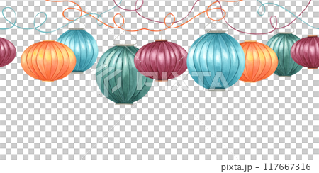 Colored paper lamps on Intertwining ribbons watercolor seamless banner. Flying hanging Chinese lanterns illustration for Festival of lights, festive designs and celebrations, textile Colored paper lamps on Intertwining ribbons watercolor seamless banner. Flying hanging Chinese lanterns illustration for Festival of lights, festive designs and celebrations, textile 117667316