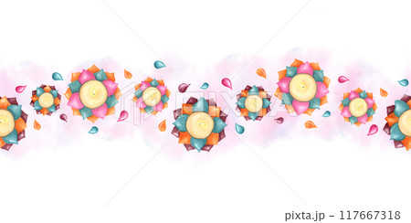 Traditional holiday Diwali Diya watercolor seamless banner. Burning candles in shape of Water lily flower illustration on hand drawn painting pink splashes. Festival of lights. For greeting decor 117667318