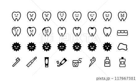 顔がついた歯・虫歯菌のベクターアイコンセット 117667381