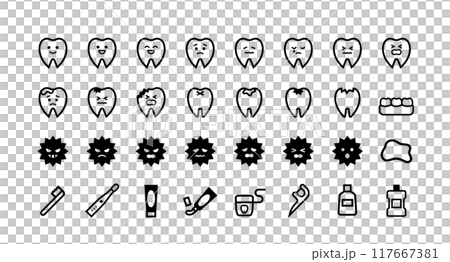 顔がついた歯・虫歯菌のベクターアイコンセット 117667381