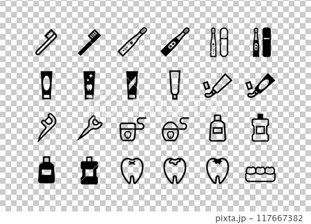Vector icon set of dental care products such as toothbrushes and floss 117667382