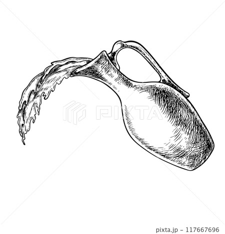 A clay jug spilling liquid. A vintage jug pours water or wine. Vector graphics, black and white hand-drawn illustrations, on a white background. For the design of packaging, labels, kitchen utensils. A clay jug spilling liquid. A vintage jug pours water or wine. Vector graphics, black and white hand-drawn illustrations, on a white background. For the design of packaging, labels, kitchen utensils. 117667696