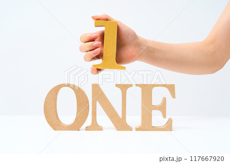 数字の「1」とアルファベットの「ONE」と並べられた木製ブロック 117667920