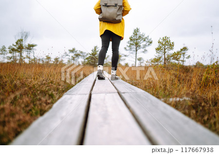 Close-up of legs in boots of woman tourist walking along wooden path against backdrop of wildlife Close-up of legs in boots of woman tourist walking along wooden path against backdrop of wildlife 117667938