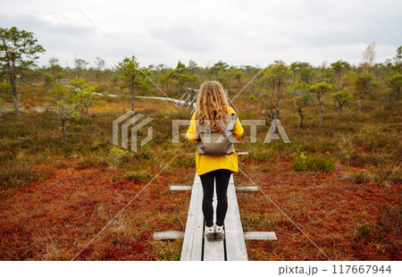 Woman traveler in a yellow coat walks along a wooden walking path along the wetlands. Back view. 117667944