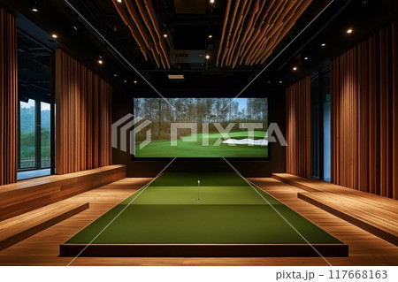 modern indoor golf simulator club interior design professional photography 117668163