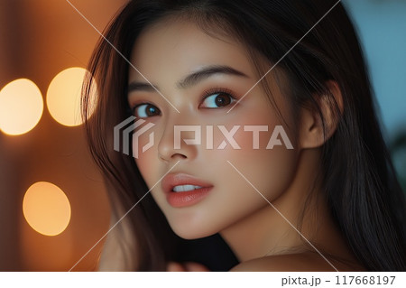 Beautiful young asian woman face close up portrait. Perfect skin. Skincare concept Beautiful young asian woman face close up portrait. Perfect skin. Skincare concept 117668197
