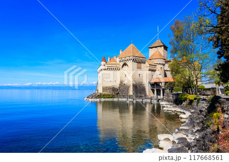 Chillon Castle on Lake Geneva near Montreux, Switzerland Chillon Castle on Lake Geneva near Montreux, Switzerland 117668561