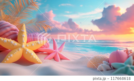 Colorful starfish and seashells on a sandy beach at sunset 117668618