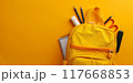 Yellow school bag with copyspace for template. Backpack and accessories. Back to school concept. Orange schoolbag with empty background 117668853