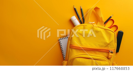 Yellow school bag with copyspace for template. Backpack and accessories. Back to school concept. Orange schoolbag with empty background Yellow school bag with copyspace for template. Backpack and accessories. Back to school concept. Orange schoolbag with empty background 117668853