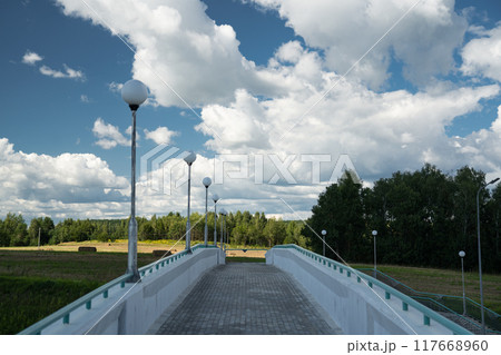 A pedestrian bridge over the highway. Street lights along the bridge. Clouds 117668960