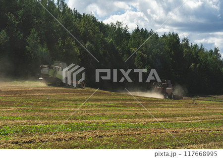Two combines are working in the field, harvesting crops. Combines collect grain Two combines are working in the field, harvesting crops. Combines collect grain 117668995