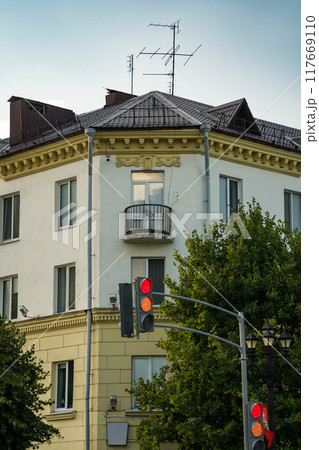 A corner building in the city of Borisov, Belarus. Evening city of Borisov A corner building in the city of Borisov, Belarus. Evening city of Borisov 117669110