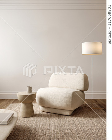 Modern minimalist living room with a textured beige armchair, brass floor lamp and elegant side table, 3d rendering Modern minimalist living room with a textured beige armchair, brass floor lamp and elegant side table, 3d rendering 117669801