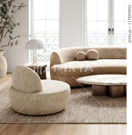 Spacious and airy boho chic living room with curved sofa and natural light from large windows, 3d rendering 117669802