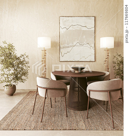 Elegant and modern dining room enhanced with beautiful art and decorative elements, 3d rendering 117669804