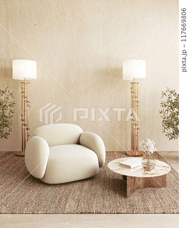 Luxurious living room with cozy beige armchair, marble coffee table, and brass floor lamps, 3d rendering 117669806