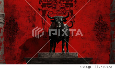 Vibrant Spanish bull motif with bold red background showcasing strength and tradition Vibrant Spanish bull motif with bold red background showcasing strength and tradition 117670528