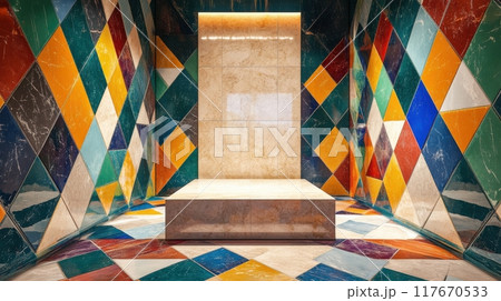 Vibrant Sicilian ceramic tile pattern with colorful geometric design in a modern installation interior setting 117670533