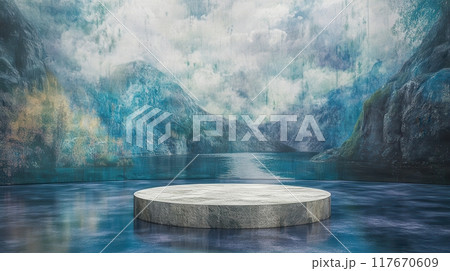 Scenic Norwegian fjord landscape with modern circular platform and atmospheric cloudy sky reflection 117670609