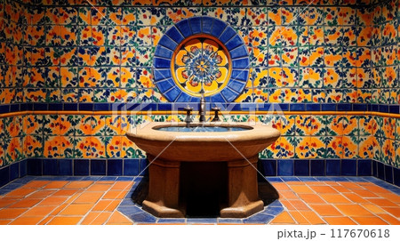 Vibrant Mexican Talavera tile pattern in a colorful bathroom features traditional ceramic designs and rustic aesthetic 117670618