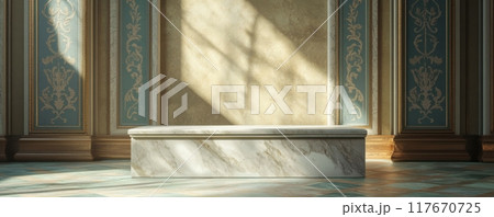 Elegant Italian-style fresco with ornate marble slab and decorative borders in a sunlit room 117670725