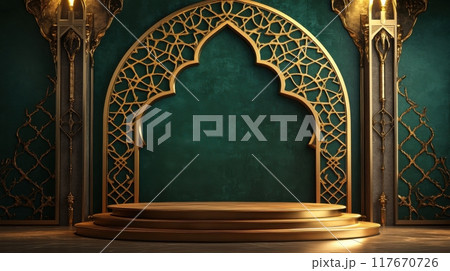 Ornate Islamic architectural design with a traditional star and cross pattern, featuring a luxurious golden arch against a rich turquoise background 117670726