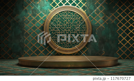 Elegant Islamic star and cross pattern in golden accents on a podium backdrop 117670727