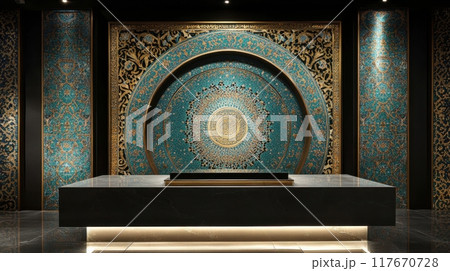 Intricate Islamic mosaic wall art decor in turquoise and gold, showcasing traditional geometric patterns and arabesque style in a modern, elegant setting 117670728