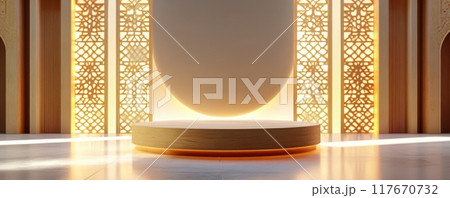 Traditional Eastern geometric pattern with warm sunlight casting intricate shadows on architecture featuring a round wooden platform Traditional Eastern geometric pattern with warm sunlight casting intricate shadows on architecture featuring a round wooden platform 117670732